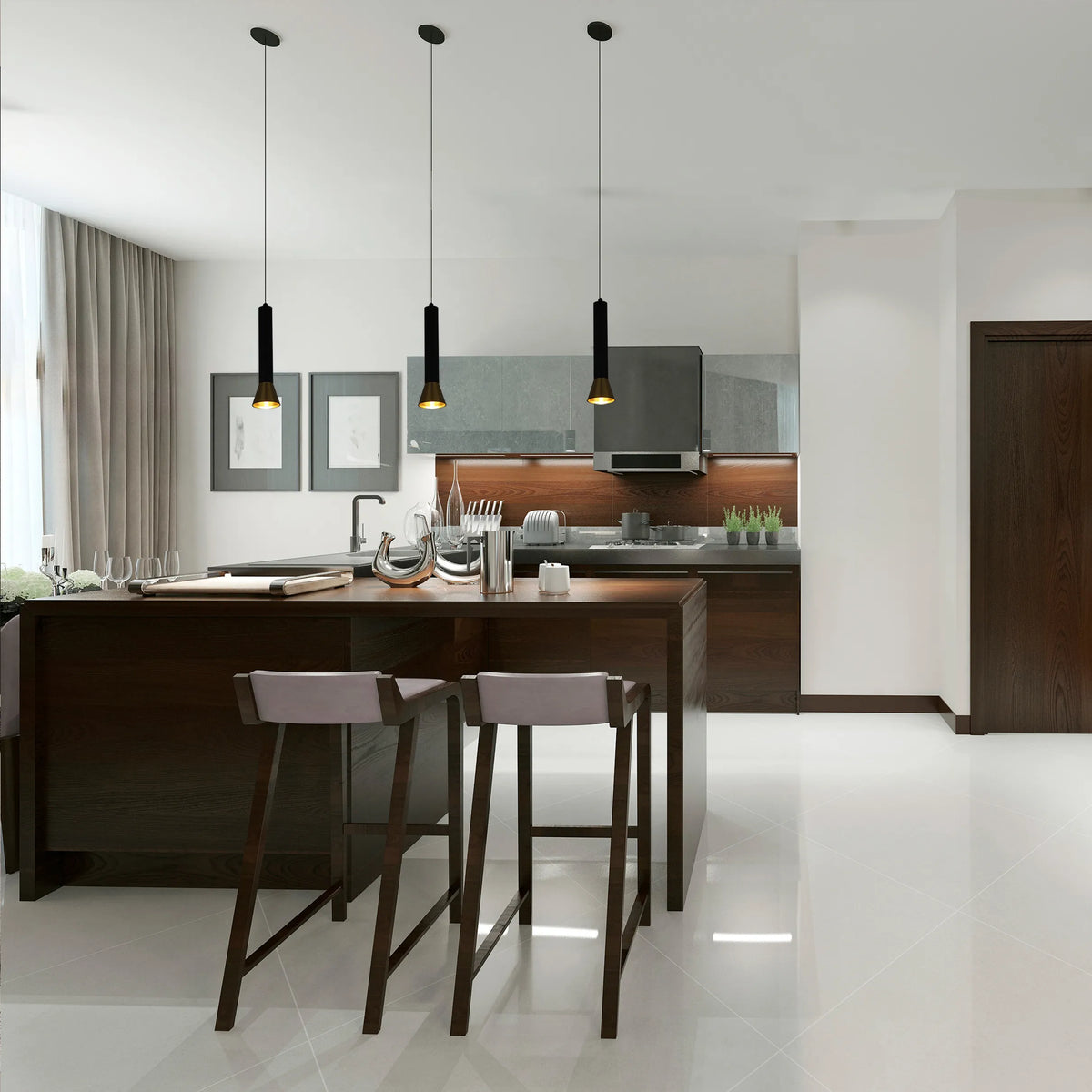 Modern kitchen lighting featuring three pendant lights hanging above a dark wood kitchen island and breakfast bar.