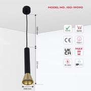 A stylish black and gold pendant light, featuring GU10 fitting, 1000mm drop, 255mm height, and 68mm diameter lamp holder.