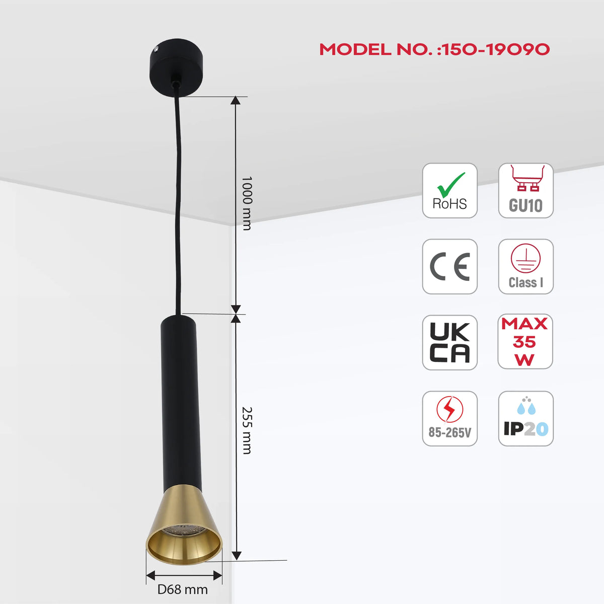 A stylish black and gold pendant light, featuring GU10 fitting, 1000mm drop, 255mm height, and 68mm diameter lamp holder.