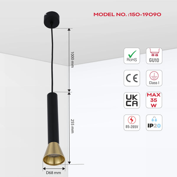 A stylish black and gold pendant light, featuring GU10 fitting, 1000mm drop, 255mm height, and 68mm diameter lamp holder.