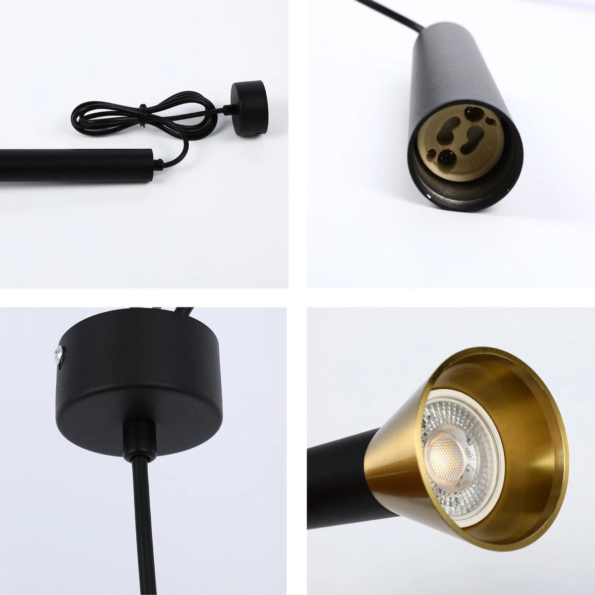 Close-up of a modern black and gold pendant light, showing the bulb, socket, and ceiling fixture details.