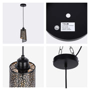 Black and gold, patterned, pendant light with a modern design. Perfect for adding style to any room.
