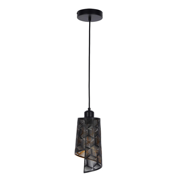 A black metal geometric design pendant light hangs from a ceiling rose by a slim cable. Contemporary style lighting