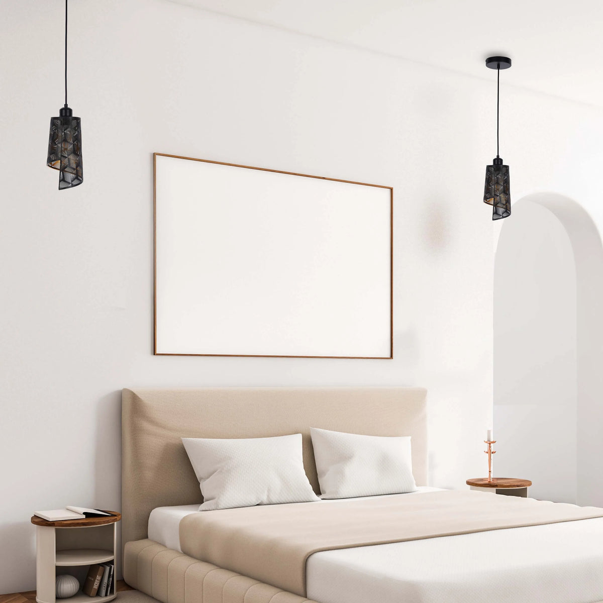 Contemporary bedroom featuring two suspended geometric lamps. The lighting fixtures are black with an exposed bronze shade.