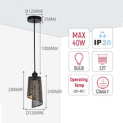 A stylish pendant light with floral detailing and black finish. Dimensions and technical specifications are clearly labelled.
