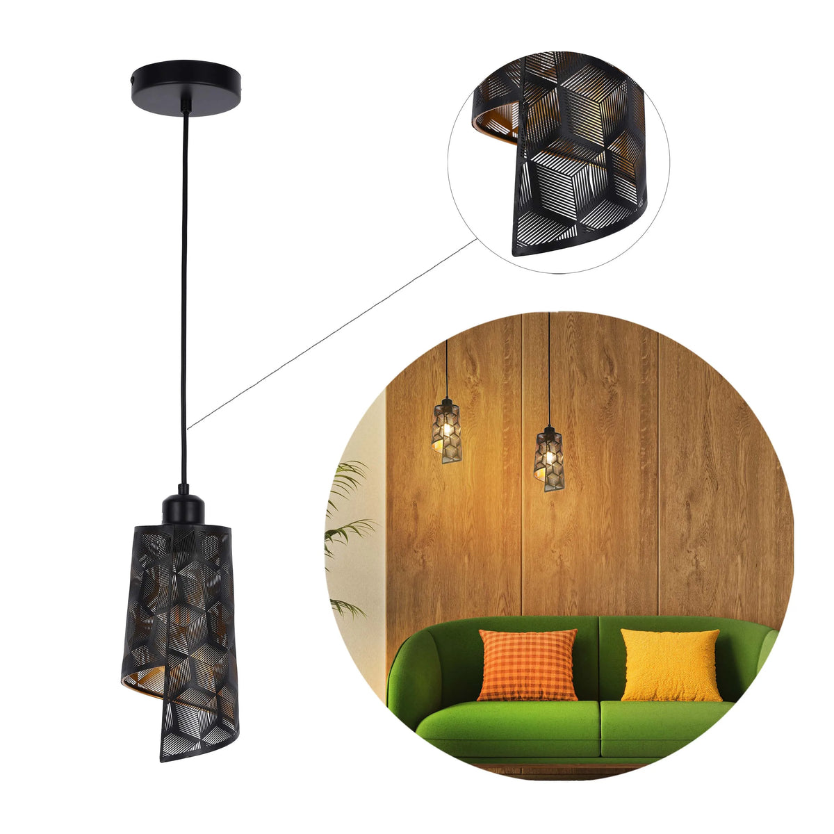A black geometric pendant light with a cut-out design, showcased in a modern interior with wood panelling.