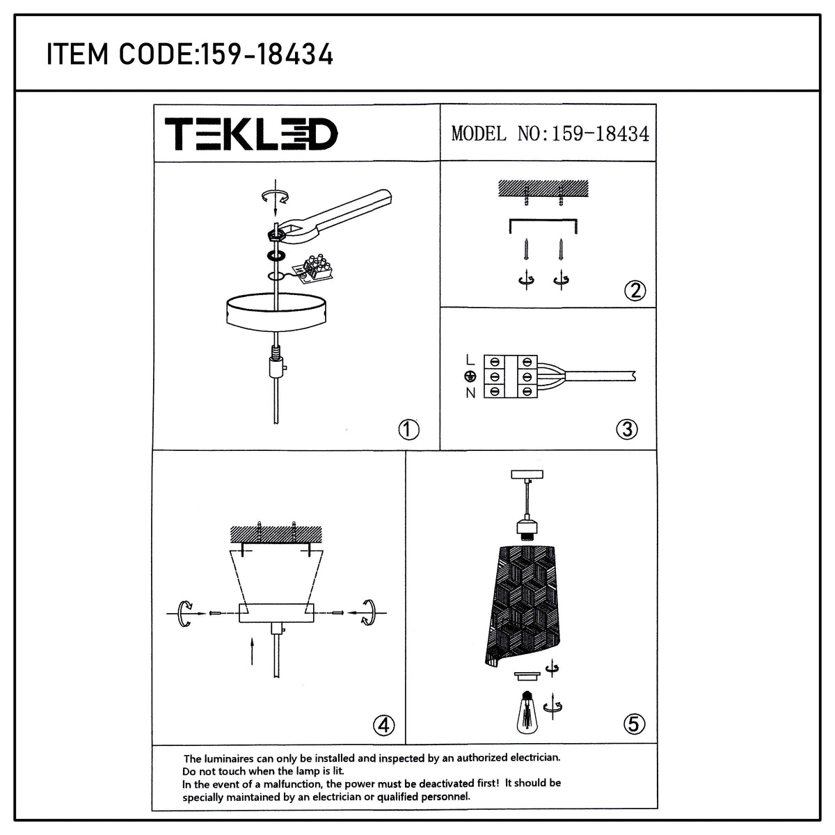 A diagram showing the steps to install a TEKLED pendant light, numbered 1-5. Instructions state installation by an electrician only.