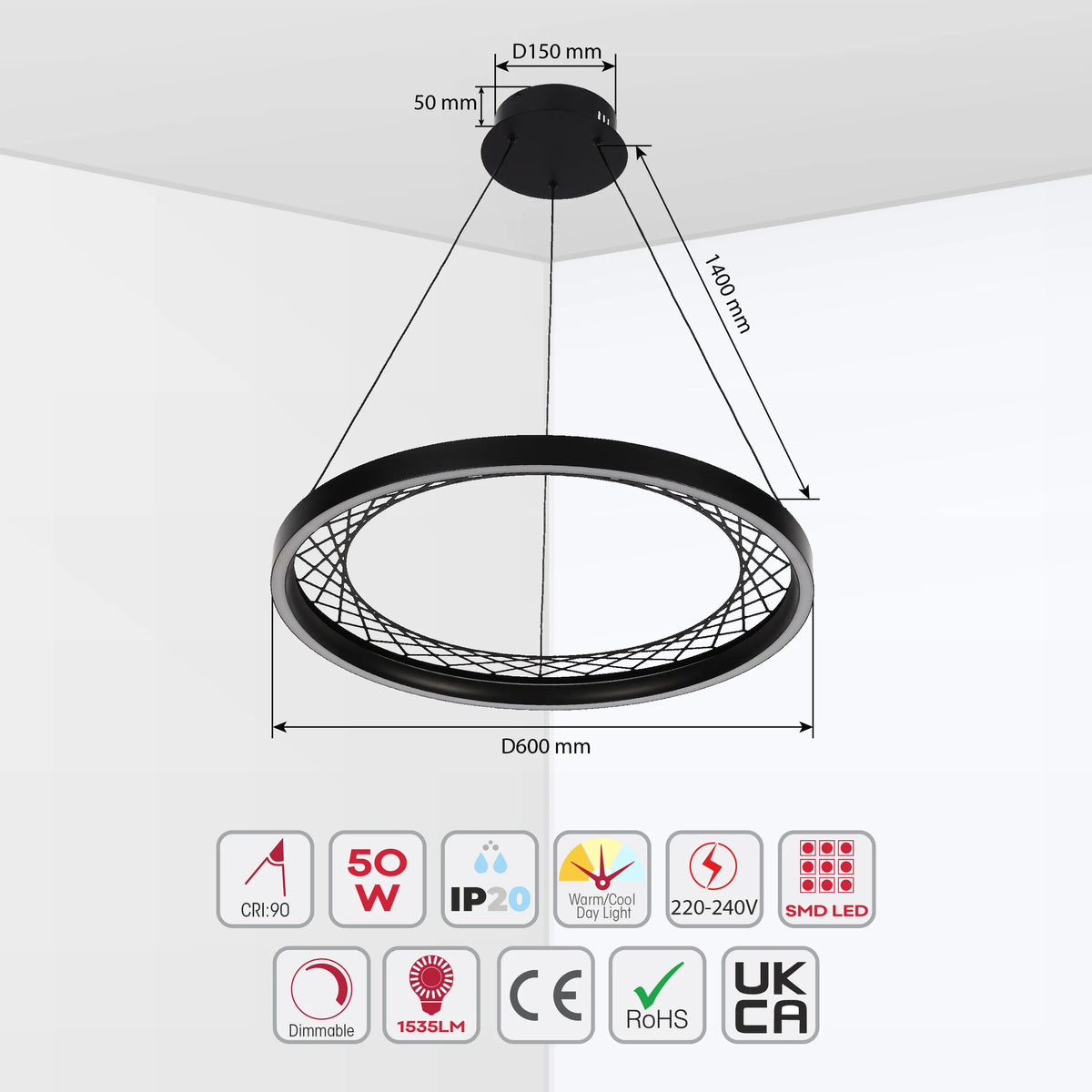 A modern LED ceiling light with a circular design and black finish. It's dimmable with warm/cool light.