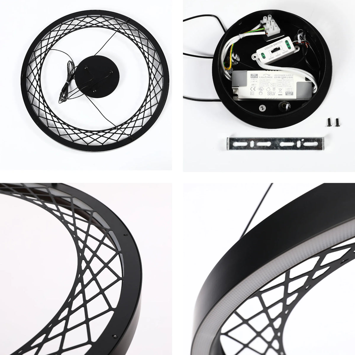 Modern black circular LED pendant light with a geometric design, showing the light's components and fixings.