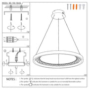 Technical diagram showing how to install a circular LED pendant light fixture. Shows wiring, screws, and mounting instructions.