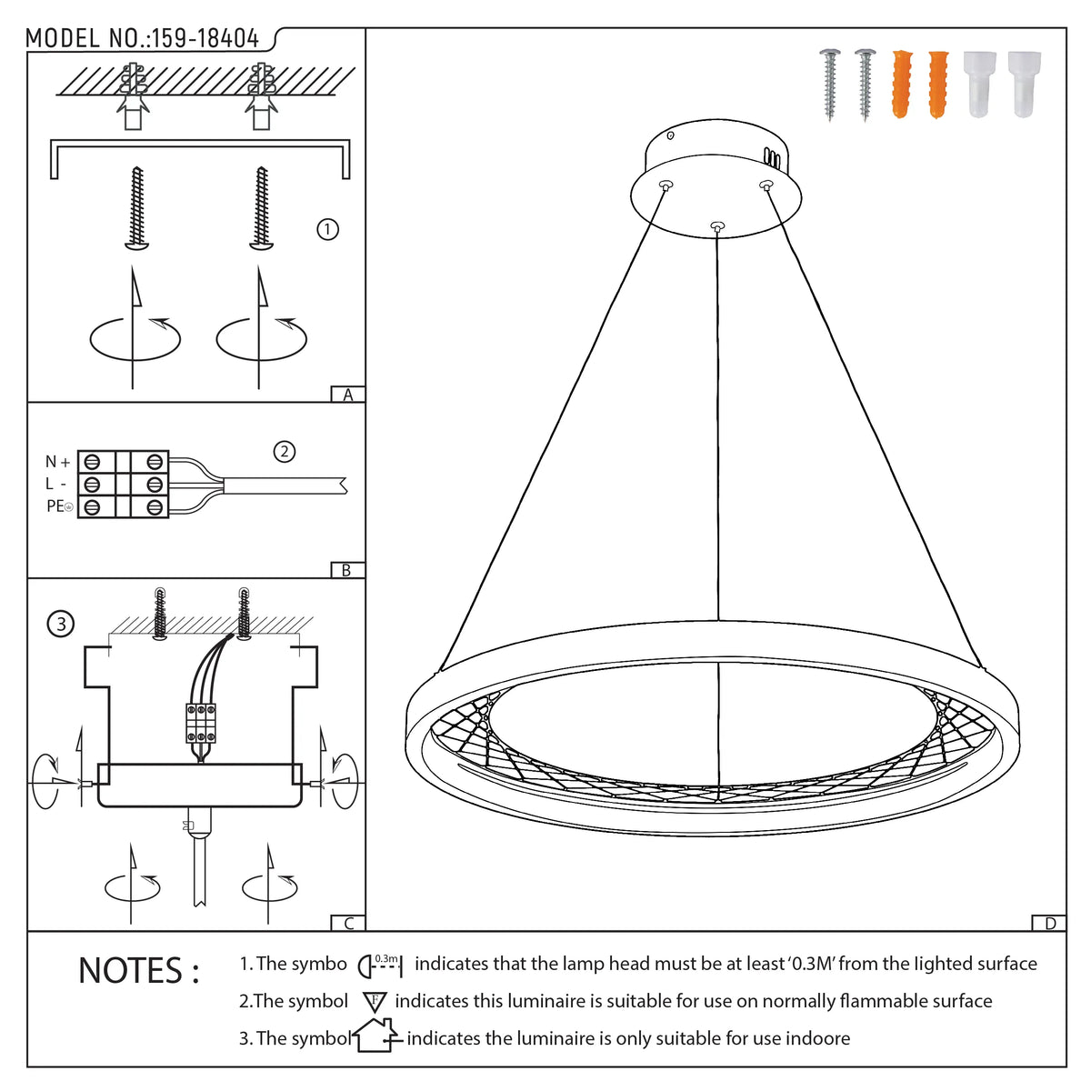 Technical diagram showing how to install a circular LED pendant light fixture. Shows wiring, screws, and mounting instructions.