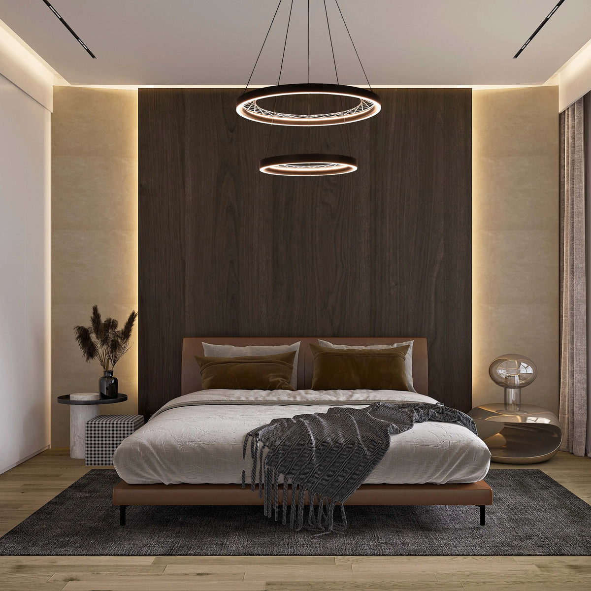 Contemporary bedroom with statement circular pendant lighting and accent wall lighting on either side of a dark wood panel.