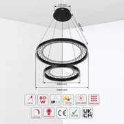 A stylish, modern LED pendant light with two black rings suspended from the ceiling. It features adjustable colour and dimming.