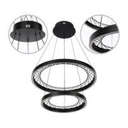 A contemporary two-ring LED pendant light, with a black finish and open, webbed centre.
