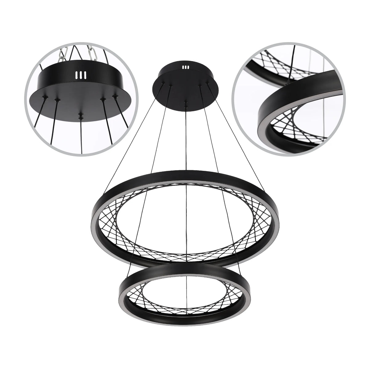 A contemporary two-ring LED pendant light, with a black finish and open, webbed centre.