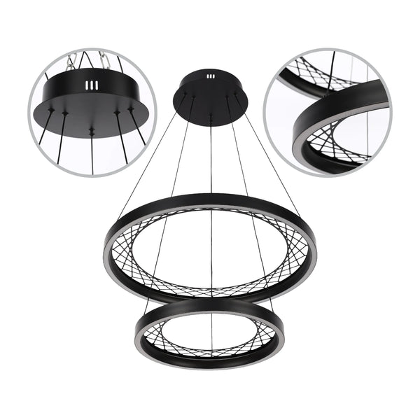 A contemporary two-ring LED pendant light, with a black finish and open, webbed centre.