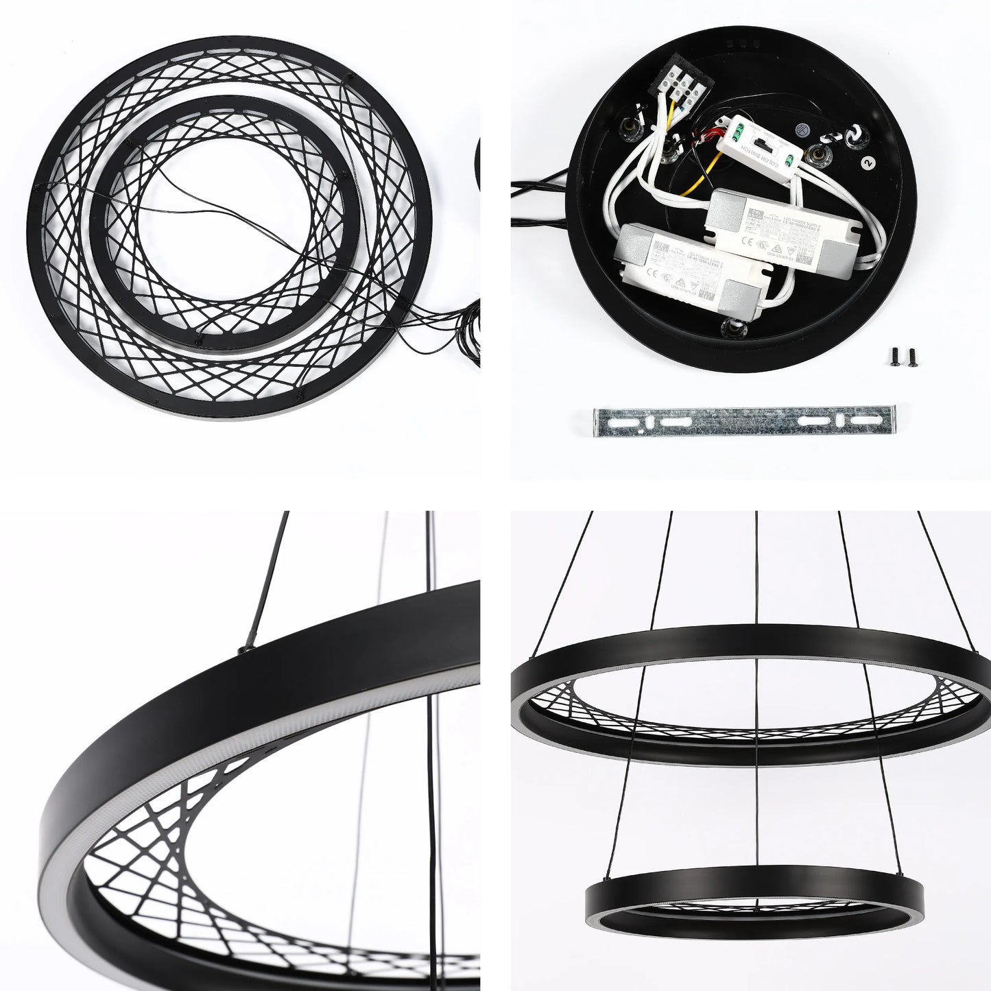 Contemporary black chandelier with two circular LED lights, showcasing its design and components.