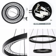 Contemporary black chandelier with two circular LED lights, showcasing its design and components.