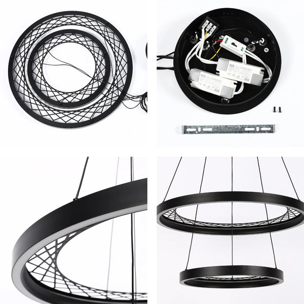 Contemporary black chandelier with two circular LED lights, showcasing its design and components.