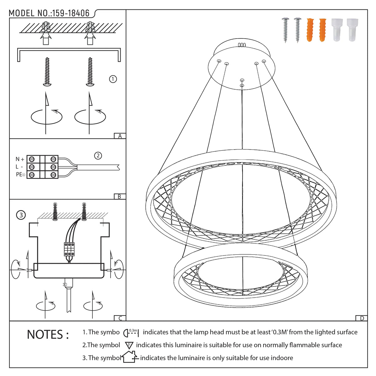 An exploded diagram of a two-tiered circular light fitting, suspended on wires, with accompanying fixings and wiring instructions.