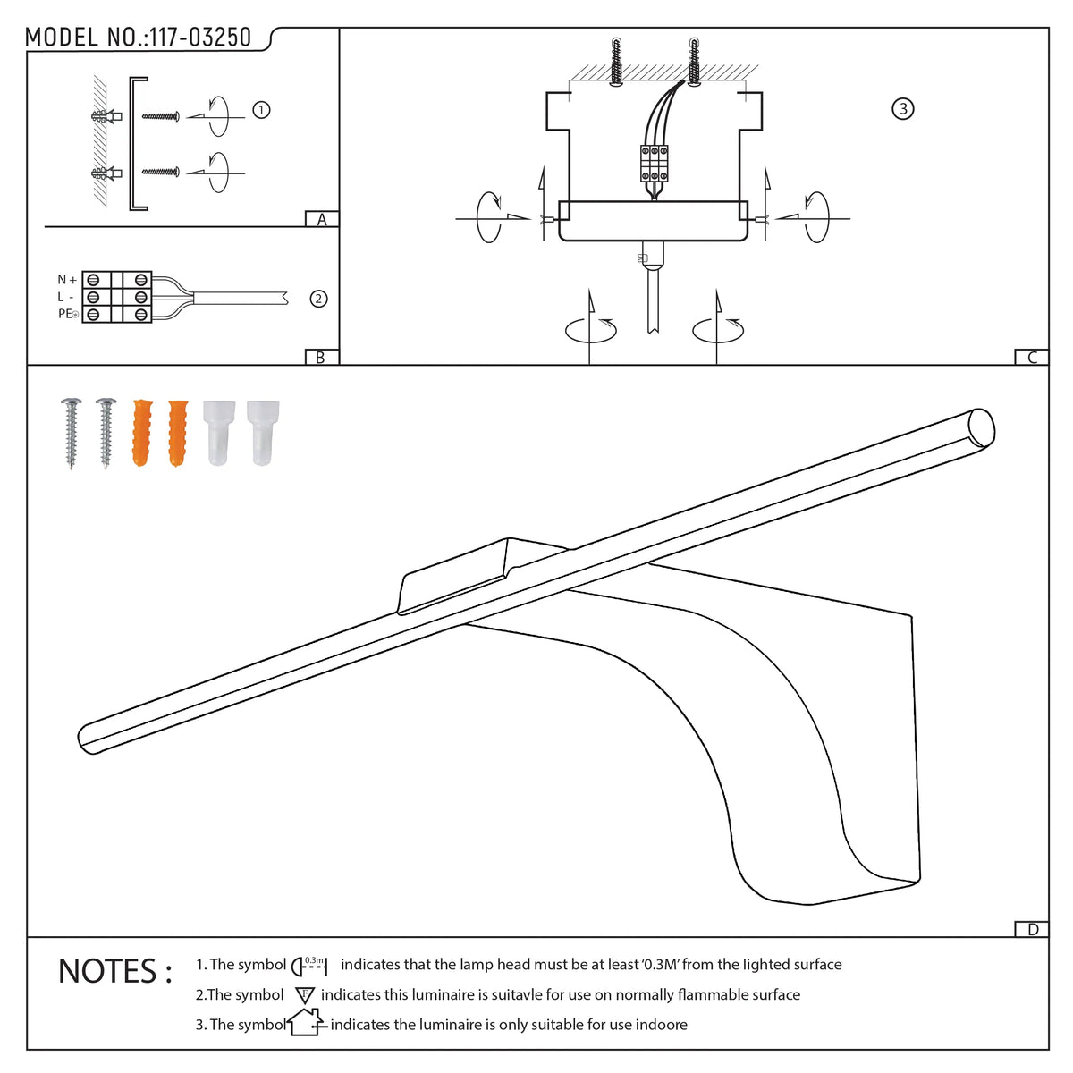 Line drawing of a stylish light fitting, with instructions on how to affix to a wall. Model number 117-03250.