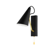 A sleek black wall light with a gold arm and a pull cord switch. A minimalist lighting choice.