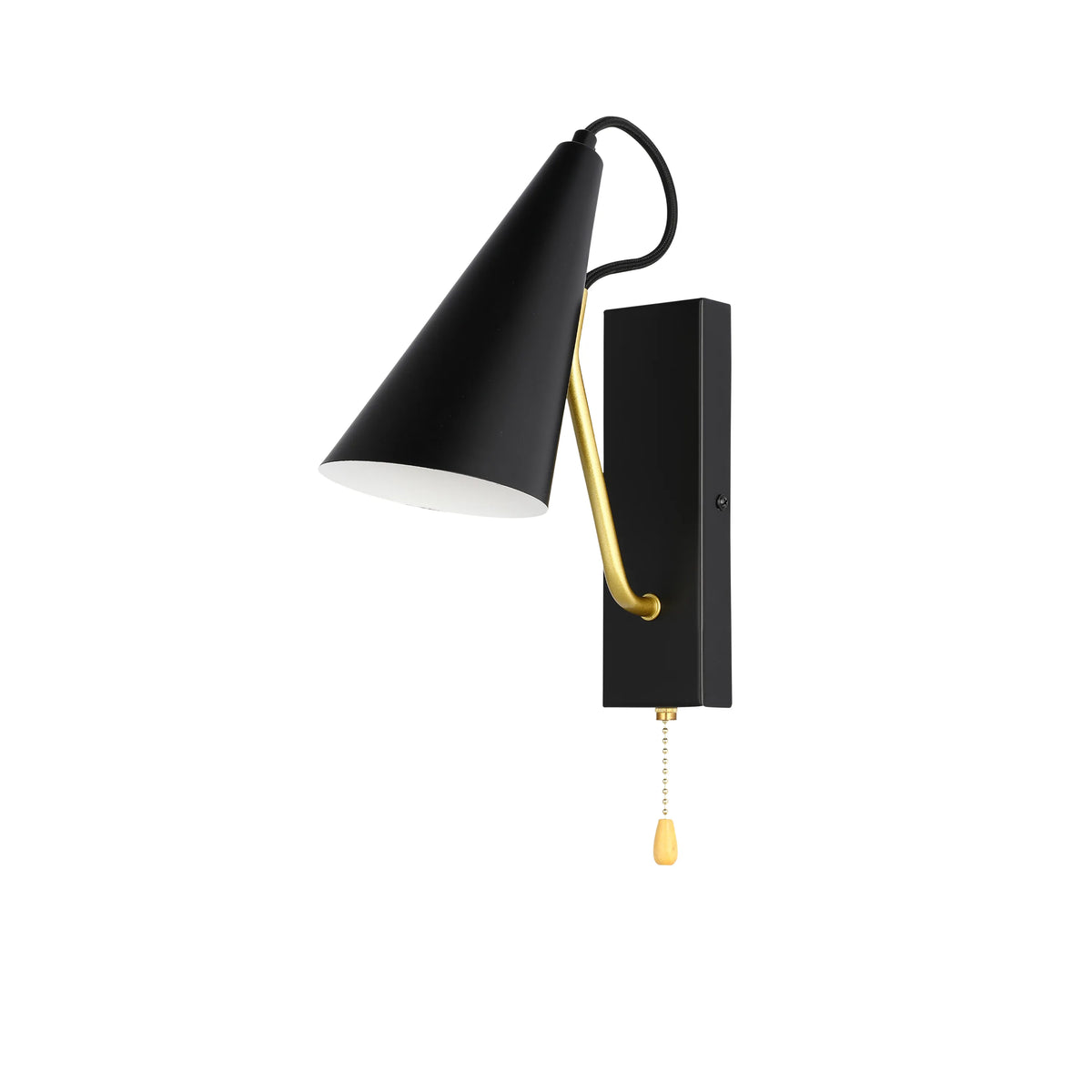 A sleek black wall light with a gold arm and a pull cord switch. A minimalist lighting choice.