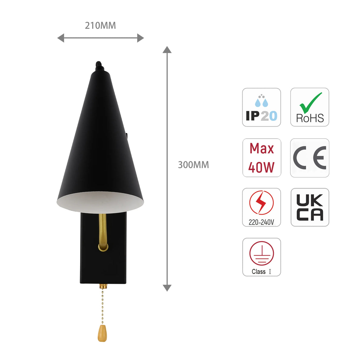 A modern, minimalist black wall light fixture with a conical shade and a pull cord switch. Dimensions are clearly displayed.