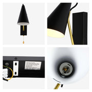 A matte black, cone-shaped wall light with a pull-down switch. Modern and minimalist, it offers a sleek lighting solution.