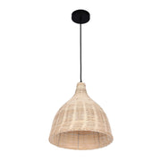 A wicker pendant light hangs from a black cord and ceiling rose. The light is off and the background is white.