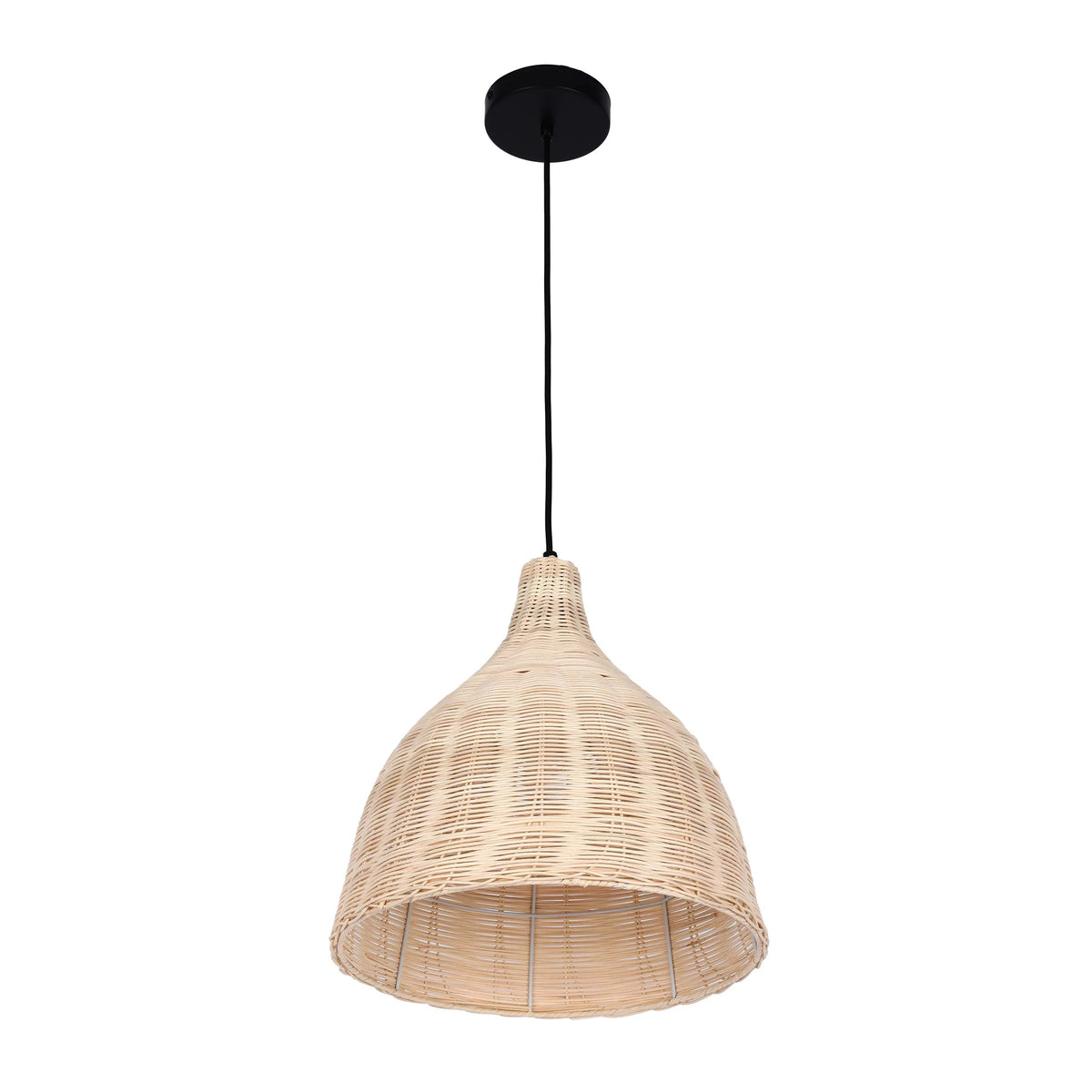 A wicker pendant light hangs from a black cord and ceiling rose. The light is off and the background is white.