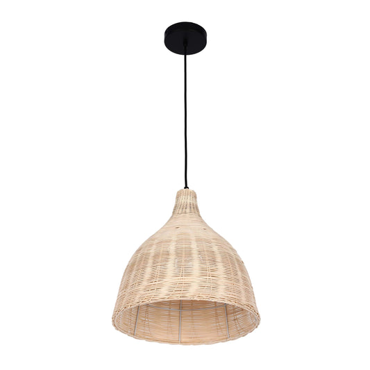 A wicker pendant light hangs from a black cord and ceiling rose. The light is off and the background is white.