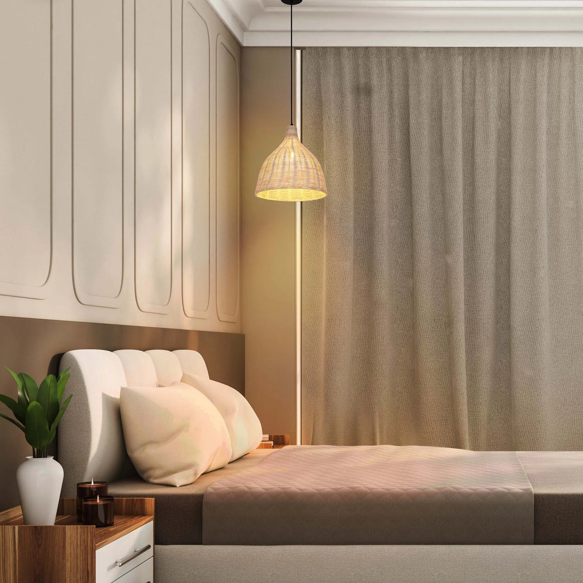 A rattan pendant light hangs above a neatly made bed. The light casts a warm glow in the bedroom.