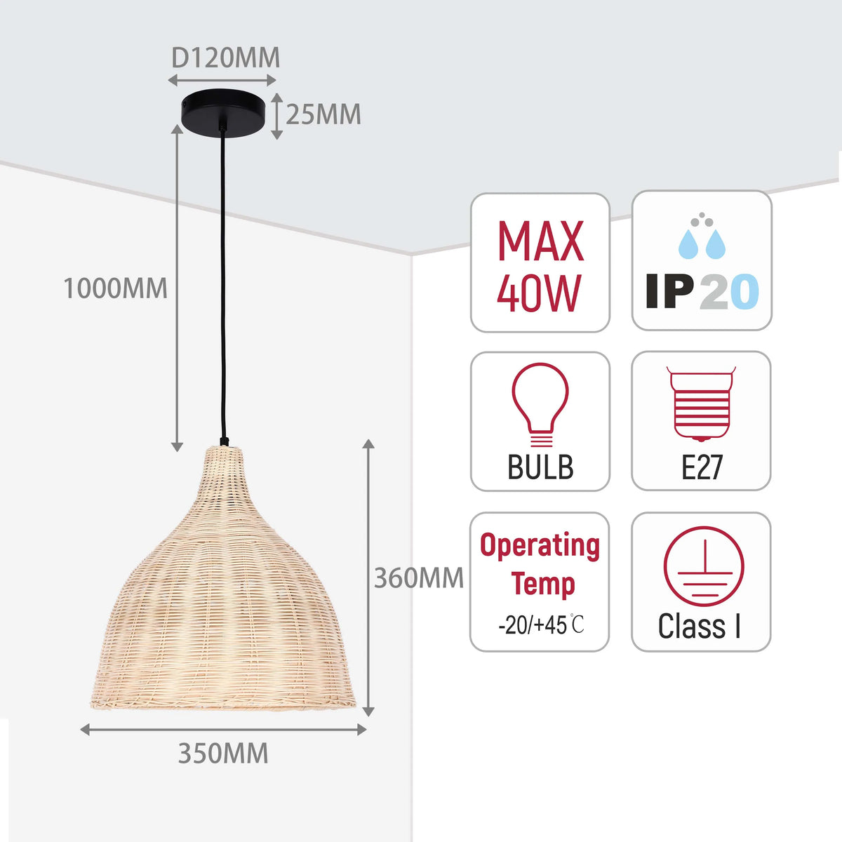 Pendant light with natural woven shade. Dimensions: 1000mm drop, shade 350mm wide, 360mm high. Max 40W, E27 bulb. IP20 rated.