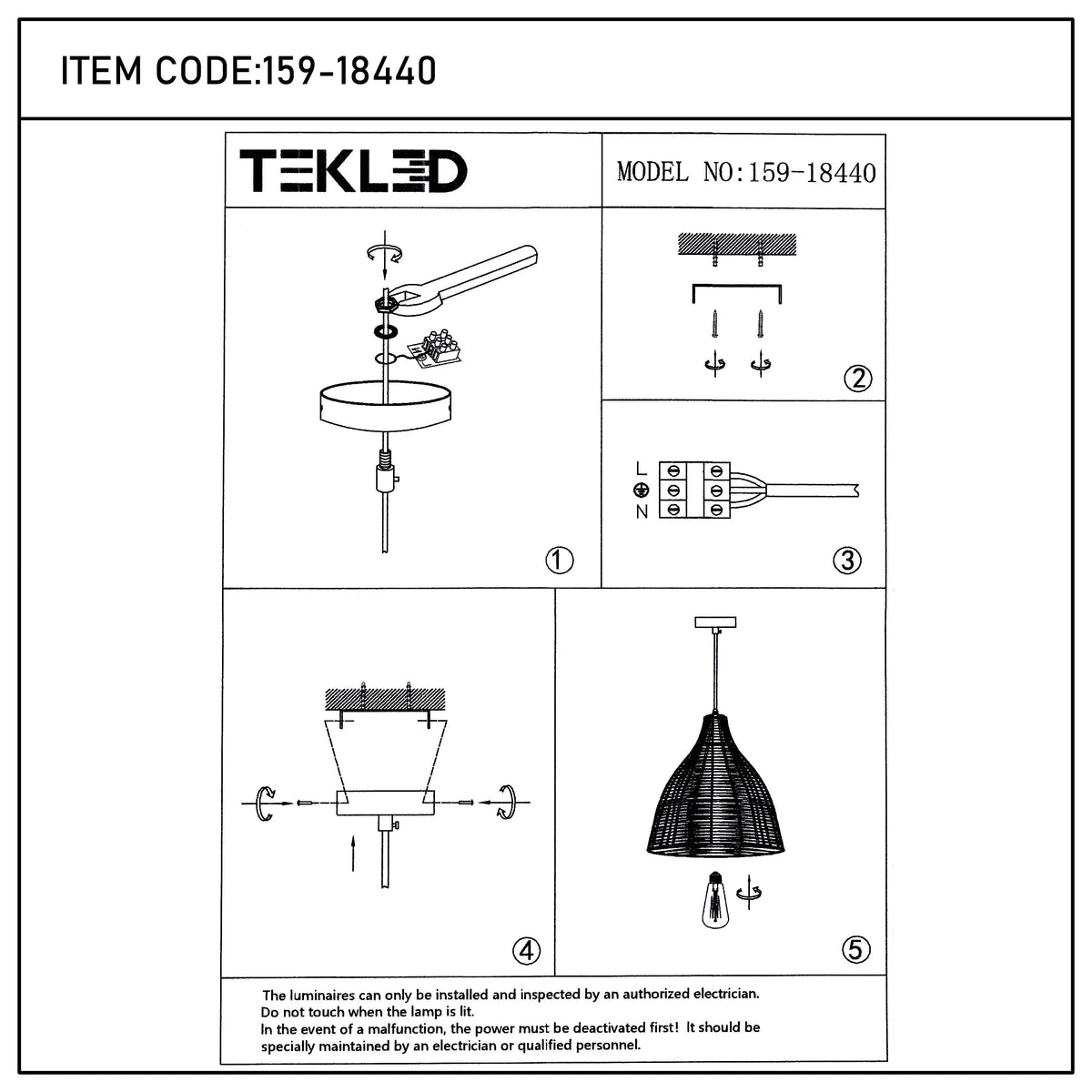 A diagram showing how to assemble a Tekled pendant light (model number 159-18440) with a bulb and woven shade.
