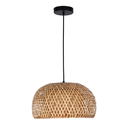 A woven, dome-shaped pendant light hangs from a black ceiling rose. The woven shade casts a warm, inviting glow.