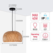 A woven pendant light with dimensions shown. Max 40W bulb, IP20 rated, E27 fitting, Class I, operating temp -20/+45°C.