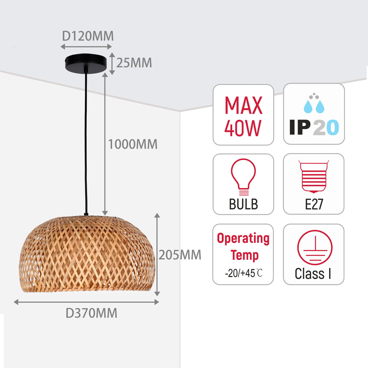 A woven pendant light with dimensions shown. Max 40W bulb, IP20 rated, E27 fitting, Class I, operating temp -20/+45°C.