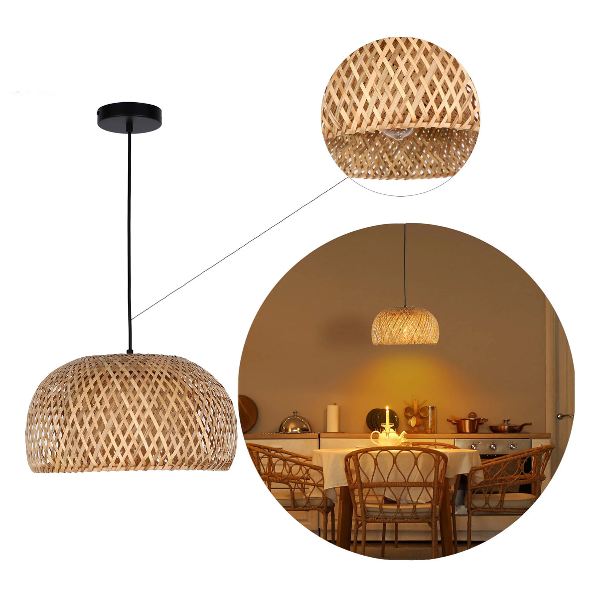 A woven rattan pendant light hangs over a dining table, casting a warm glow in the room.