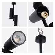Black cylinder ceiling light with three spotlights, with close-ups showing bulb and chain.