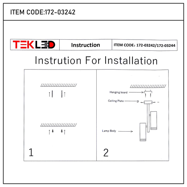 A diagram showing installation instructions for a TEKLED light, with step by step drawings to assist with the process.