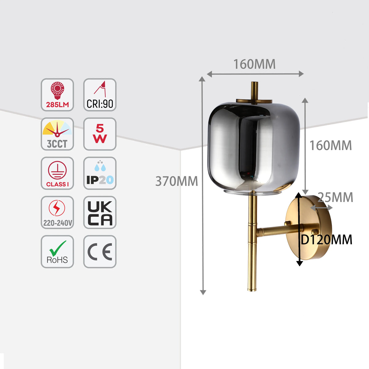 A contemporary wall light in smoky glass and gold finish, with dimensions for overall height and shade width included.