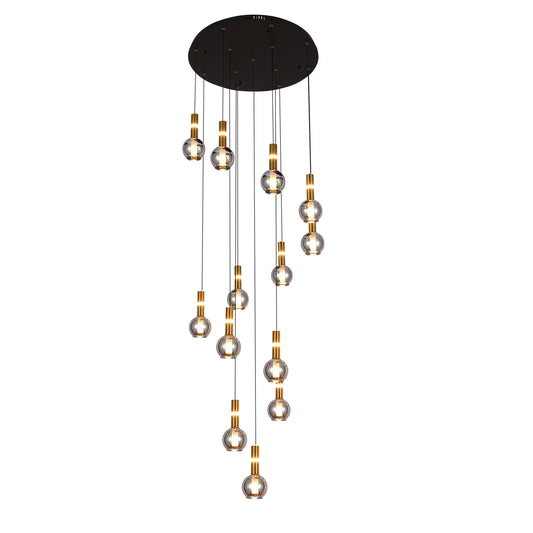 A stylish pendant light with multiple glass orbs, suspended at varying lengths from a circular black base.