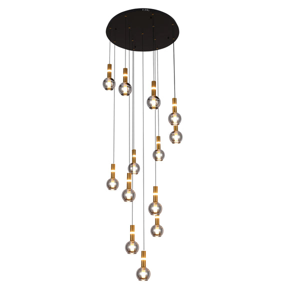 A stylish pendant light with multiple glass orbs, suspended at varying lengths from a circular black base.