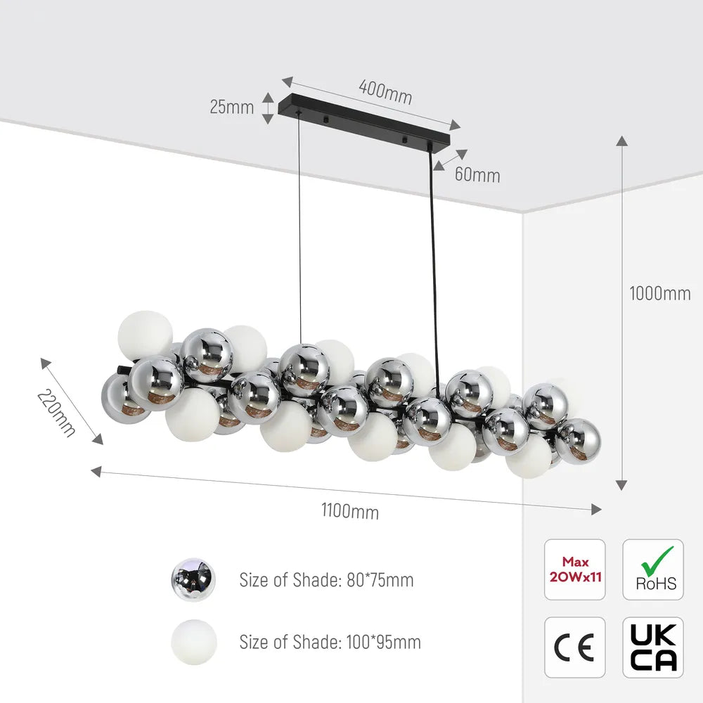 Size and technical specs of the Celestial Cluster Vertical and Horizontal Chandeliers-159-18314