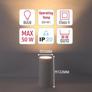 A sleek modern lamp with a 50W bulb. It's IP20 rated, Class II safety, and operates between -20/+45°C. Dimensions: D55MM and H122MM.