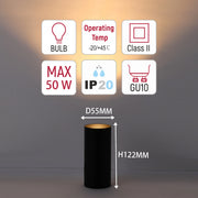 Technical specification diagram of cylindrical light. Shows bulb type, operating temperature, IP rating, and dimensions.