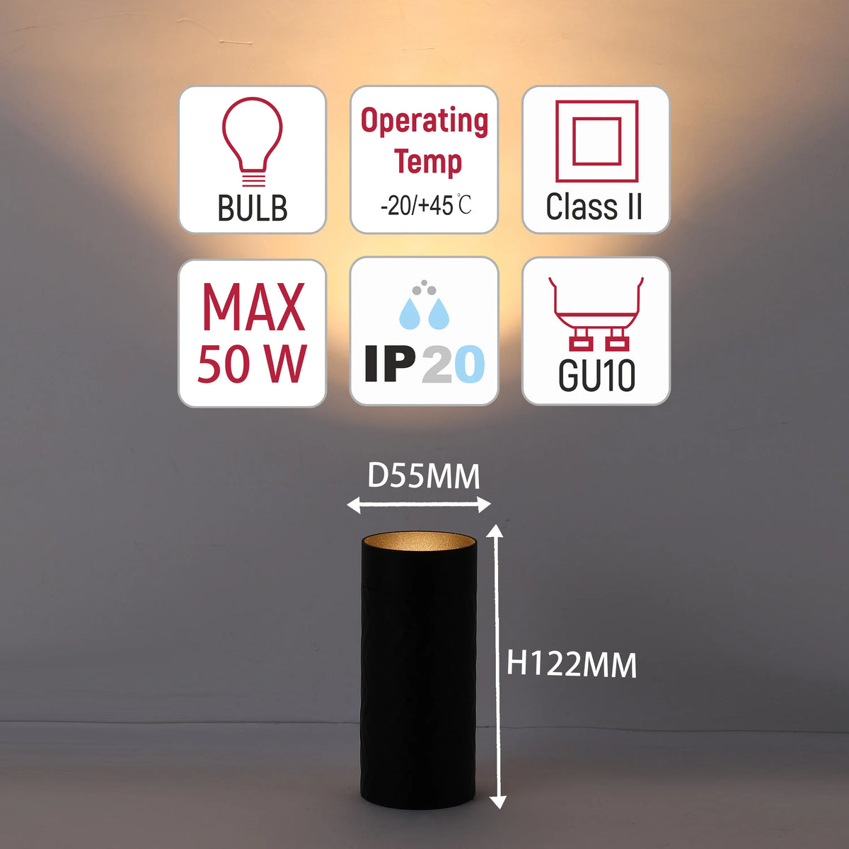 Technical specification diagram of cylindrical light. Shows bulb type, operating temperature, IP rating, and dimensions.