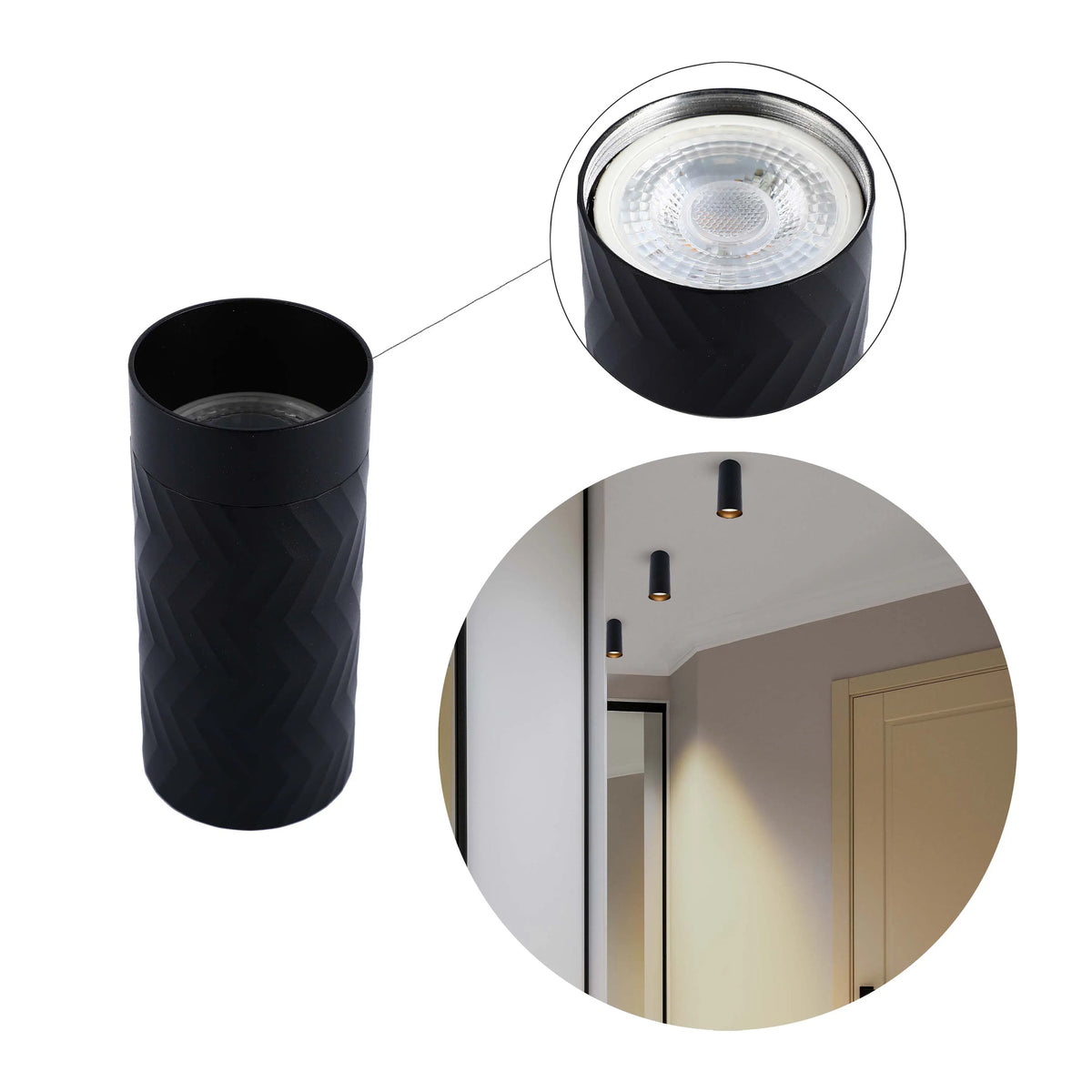 Modern black cylinder downlights with a sleek design. Creates a minimalist, stylish ambience.