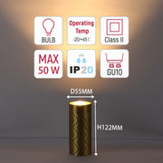 A lamp with technical information: max 50W, GU10 bulb, IP20, Class II, -20/+45C operating temp, D55MM & H122MM dimensions.